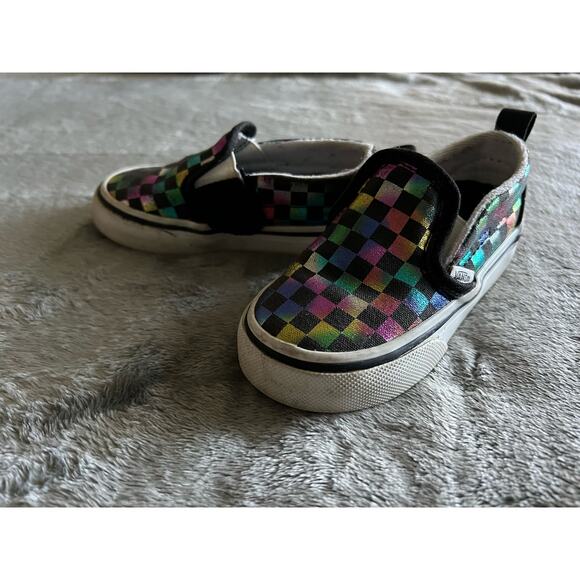 Vans Slip-On Shoes Girls Size 6 Iridescent/Black Checkerboard US Toddler - Picture 5 of 11